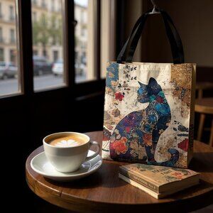 YIWU Xitu Floral Black Cat Pattern Canvas Tote Bag, NWOT